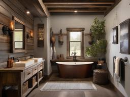 In the guest bathroom, Post-Apocalyptic interior design features weathered fixtures, rustic decor, and earthy accents that create a welcoming atmosphere for visitors.  