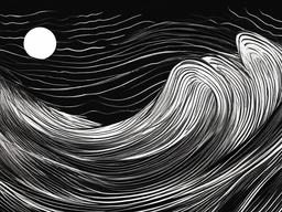 drawing of waves under the moonlight  minimal rough sketch scribbles,doodles,black and white