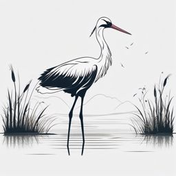 Stork Tattoo - Stork standing on one leg in a grassy wetland  few color tattoo design, simple line art, design clean white background