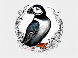 Elegantly designed puffin tattoo surrounded by musical notes.  color tattoo style, minimalist design, white background