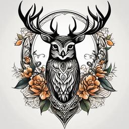 Deer and Owl Tattoo - Merge the elegance of deer with the wisdom of an owl in a unique tattoo.  simple color tattoo,vector style,white background