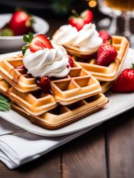 belgian waffles with strawberries and whipped cream, enjoyed at a european christmas market. 