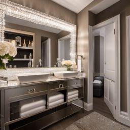 Glamorous Powder Room - Glamour to your powder room with a crystal chandelier and mirrored accents. realistic, professional photography, bokeh, natural lighting, canon lens, shot on dslr 64 megapixels sharp focus