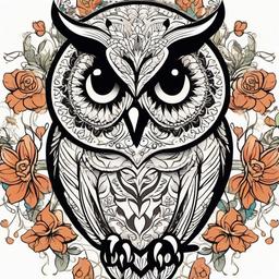 Owl and Sugar Skull Tattoo - Merge whimsy with the allure of owls in a sugar skull owl tattoo.  simple color tattoo,vector style,white background