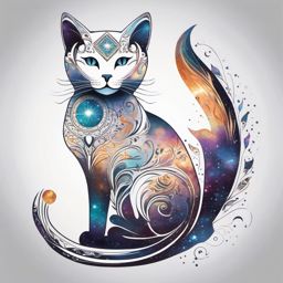 Celestial cat with cosmic patterns, an otherworldly fusion of feline grace and cosmic mystique.  colored tattoo style, minimalist, white background