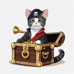 Cat dressed as a pirate with a treasure chest  minimalist color design, white background, t shirt vector art