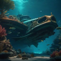 Sunken shipwreck becomes a haven for aquatic creatures, guarded by a colossal sea serpent.  8k, hyper realistic, cinematic