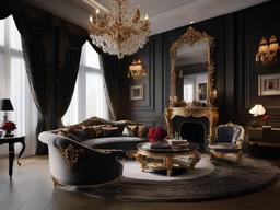 Baroque living room embraces rich colors, ornate furnishings, and luxurious fabrics that create a dramatic and sophisticated environment.  