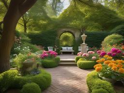 In the garden, vintage interior design highlights classic sculptures, colorful flowers, and charming pathways that create a beautiful outdoor retreat for relaxation and enjoyment.  