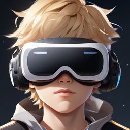 Front facing face, boy with blonde hair, big eyes in a virtual reality realm.  close shot of face, face front facing, profile picture, anime style