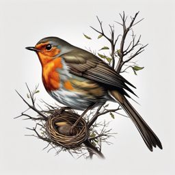 Robin Tattoo - Robin building a nest in a leafy tree  color tattoo design, clean white background