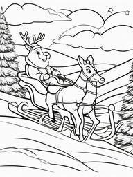 Santa and Rudolph's Adventure Coloring Pages - Leading the Sleigh Through the Skies  minimal black outline printable sheet, coloring page