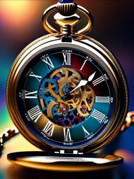 Pocket Watch - A classic pocket watch with an intricate chain hyperrealistic, intricately detailed, color depth,splash art, concept art, mid shot, sharp focus, dramatic, 2/3 face angle, side light, colorful background