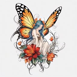 fairy and flower tattoo designs  simple color tattoo style,white background