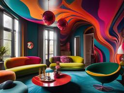 Psychedelic interior design in the living room features bold, swirling colors, oversized art pieces, and eccentric furnishings that create a vibrant and mind-bending atmosphere.  