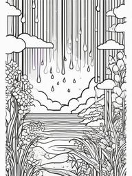 Rainbow Coloring Page - Rainbow with raindrops and sunshine.  easy,simple,minimal,coloring pages,black and white outline