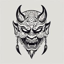 Japanese Tattoo Demon Mask - Tattoo featuring demon masks inspired by Japanese folklore.  simple color tattoo,white background,minimal