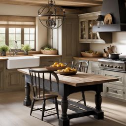 french country kitchen with distressed cabinets and a farmhouse table. 