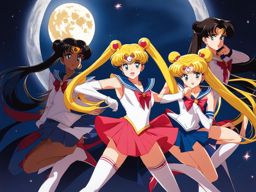 sailor moon and her sailor guardians strike a dynamic pose under a full moon. 