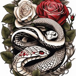 Snake and rose tattoo, Creative tattoos combining snake imagery with the elegance of roses.  color, tattoo patterns, white clean background