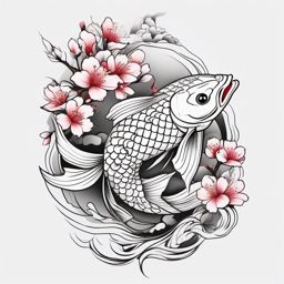 Koi Fish and Cherry Blossom Tattoo,a harmonious tattoo uniting koi fish and cherry blossoms, symbolizing transformation and beauty. , tattoo design, white clean background