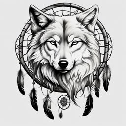 Wolf and Dreamcatcher Tattoo,wolf and the dreamcatcher, combined in ink, guarding one's dreams and spirit. , tattoo design, white clean background