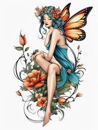 fairy and flower tattoo  simple color tattoo style,white background