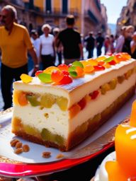 cassata, sicilian ricotta cake with candied fruit, devoured at a colorful street carnival in palermo. 