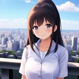 fine details portrait of school girl in front of modern tokyo city landscape on the background deep bokeh, anime masterpiece by Studio Ghibli, 8k, sharp high quality anime, artstation