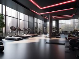 In the gym room, futuristic interior design includes high-tech workout equipment, motivational lighting, and a minimalist aesthetic that enhances the experience of staying fit and active.  