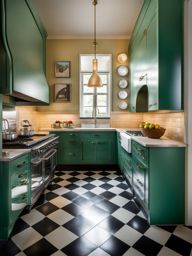 vintage-inspired kitchen with retro appliances and checkered floors. 