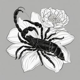 drawing of a scorpion with a flower  minimal rough sketch scribbles,doodles,black and white