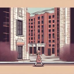 little girl nervously walking to building  , vector illustration, clipart