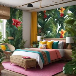 Tropical Paradise Bedroom - Transform your bedroom into a tropical island-inspired oasis. , bedroom interior decor design ideas, multicoloured, photo realistic, hyper detail, high resolution,