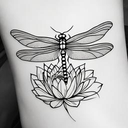 Dragonfly Lotus Tattoo - Tattoo featuring a dragonfly and the symbolic lotus flower.  simple color tattoo,minimalist,white background