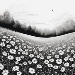 drawing of a field of daisies  minimal rough sketch scribbles,doodles,black and white