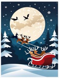 Santa sleigh clipart, Santa Claus and his reindeer taking off into the snowy night.  simple, 2d flat