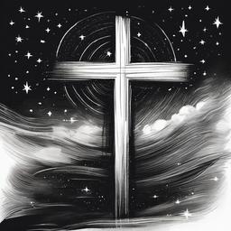 drawing of a cross surrounded by stars  minimal rough sketch scribbles,doodles,black and white