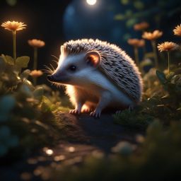 hedgehog baby exploring a secret garden under the moonlight 8k ultrarealistic cinematic 