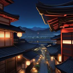 Ancient Japan rooftops at night. anime, wallpaper, background, anime key visual, japanese manga