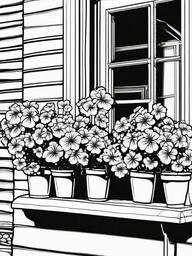 Geranium coloring page sheet - Geraniums in full bloom, lining the windows of a cottage.  black outline printable coloring page