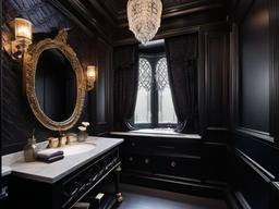 In the powder room, Gothic interior design includes ornate fixtures, dark colors, and dramatic accents that transform a small space into a stylish and elegant experience.  