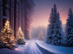 Christmas wallpaper - Snowy path through a forest with pine trees decorated with lights  aesthetic background wallpaper