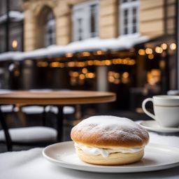 semla, swedish cream bun with almond paste, enjoyed at a snowy café in stockholm. 