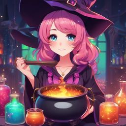 Kawaii witch with a cauldron of colorful potions.  front facing ,centered portrait shot, cute anime color style, pfp, full face visible