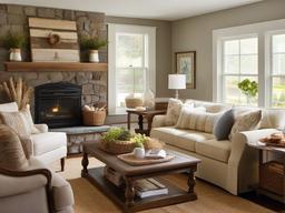 Cottage living room features comfy sofas, a wooden coffee table, and country-inspired decor, creating a quaint and charming atmosphere for family gatherings.  