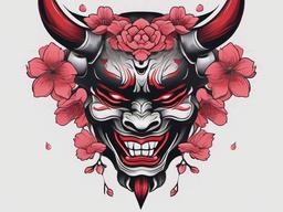 oni mask cherry blossom  simple color tattoo,white background,minimal