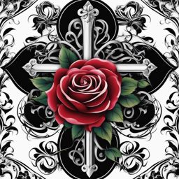 Rose tattoo with cross, Tattoos combining the beauty of roses with cross symbols. , color tattoo design, clean white background