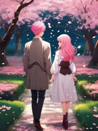 Charming anime girl and boy with pink hair, standing in a serene cherry blossom garden, admiring the falling petals, as a matching pfp for couples. wide shot, cool anime color style