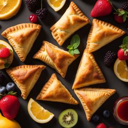 an assortment of fruit-filled turnovers, with flaky pastry and a variety of fruity fillings. 